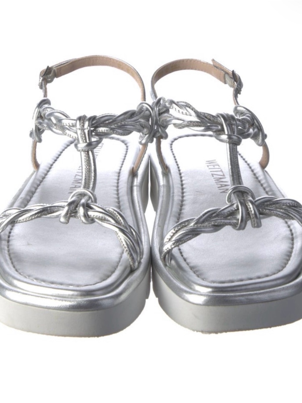 Stuart Weitzman Metallic Silver Braided T-Strap Sandals. Size 7